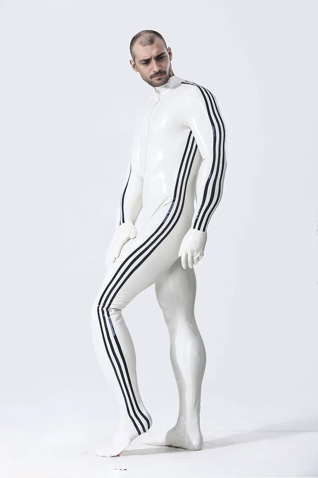 Latex Men’s Catsuit with Three-Stripe Sleeve Detail – White and Black