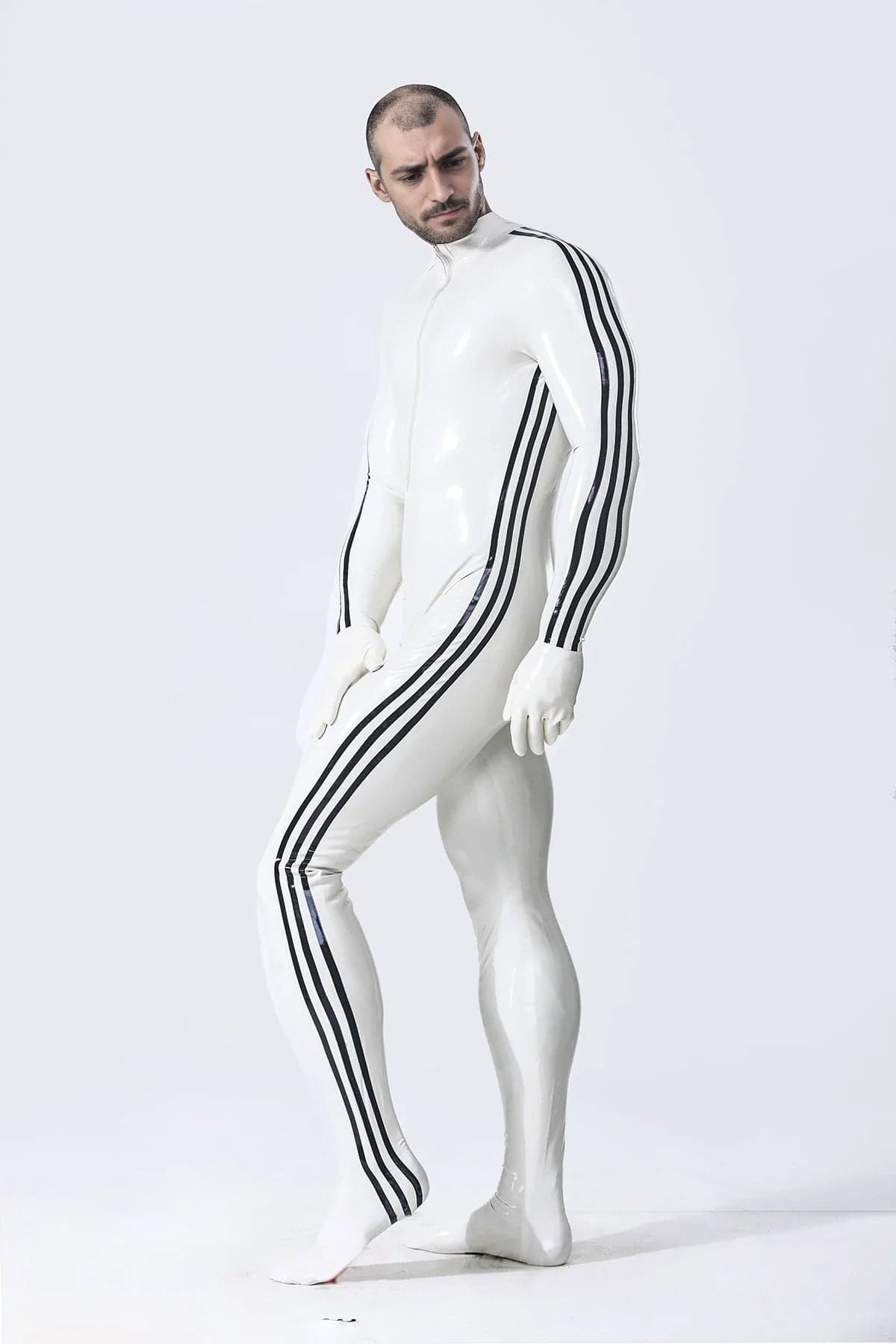 Latex Men’s Catsuit with Three-Stripe Sleeve Detail – White and Black