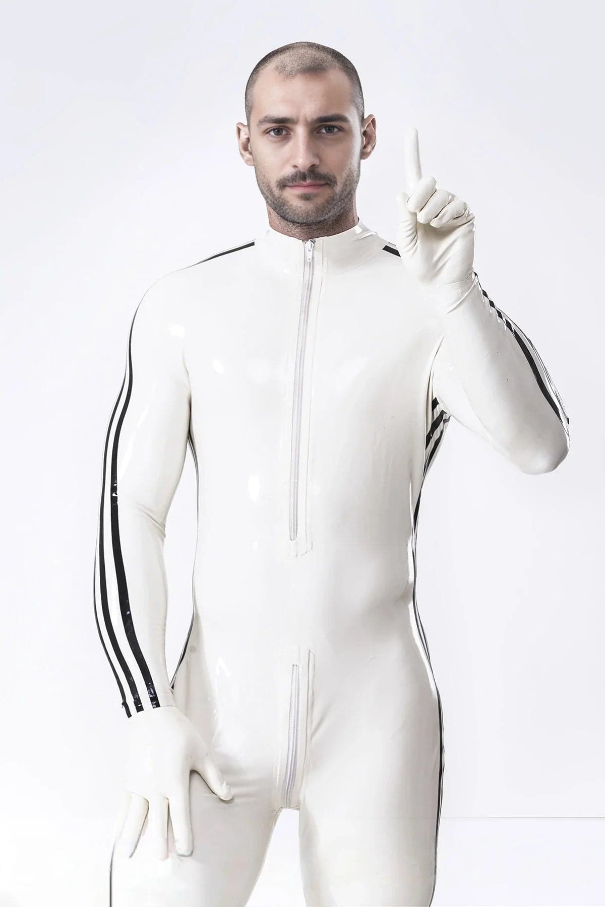 Latex Men’s Catsuit with Three-Stripe Sleeve Detail – White and Black