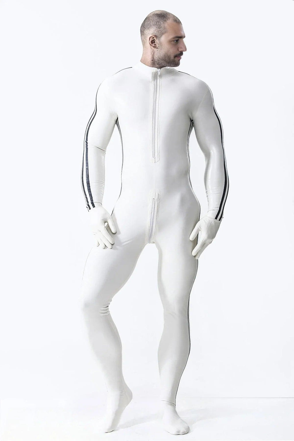 Latex Men’s Catsuit with Three-Stripe Sleeve Detail – White and Black