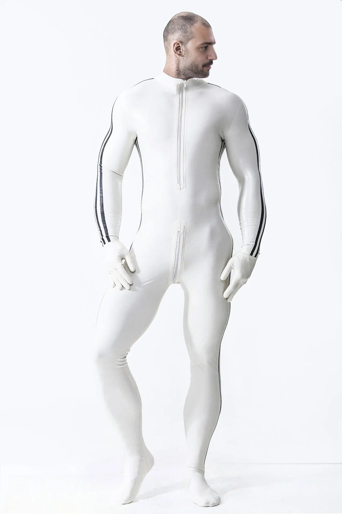 Latex Men’s Catsuit with Three-Stripe Sleeve Detail – White and Black