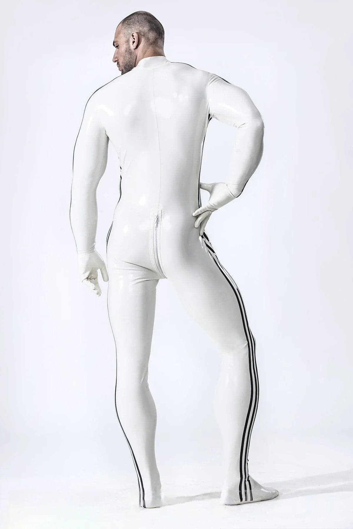 Latex Men’s Catsuit with Three-Stripe Sleeve Detail – White and Black