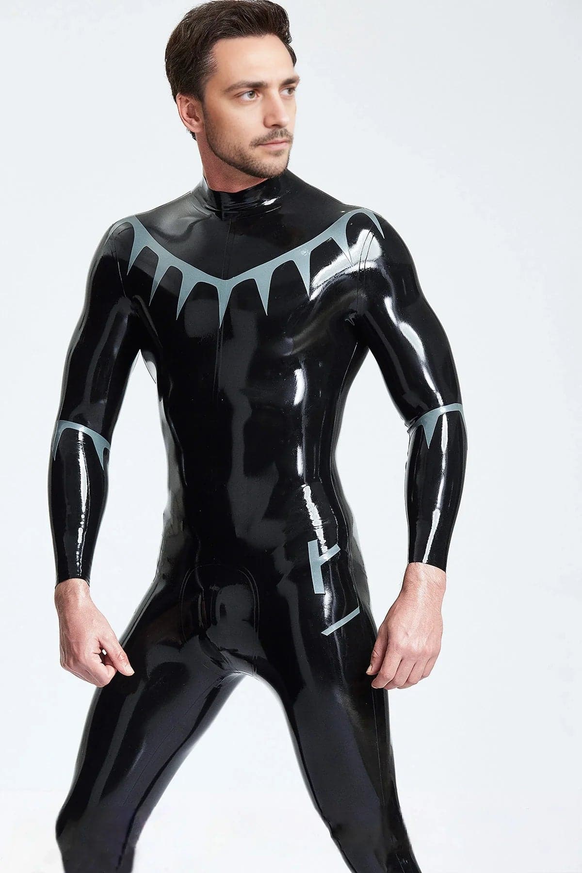 Latex Men’s Catsuit with Shark Tooth Chest Pattern – Black and Metallic Silver
