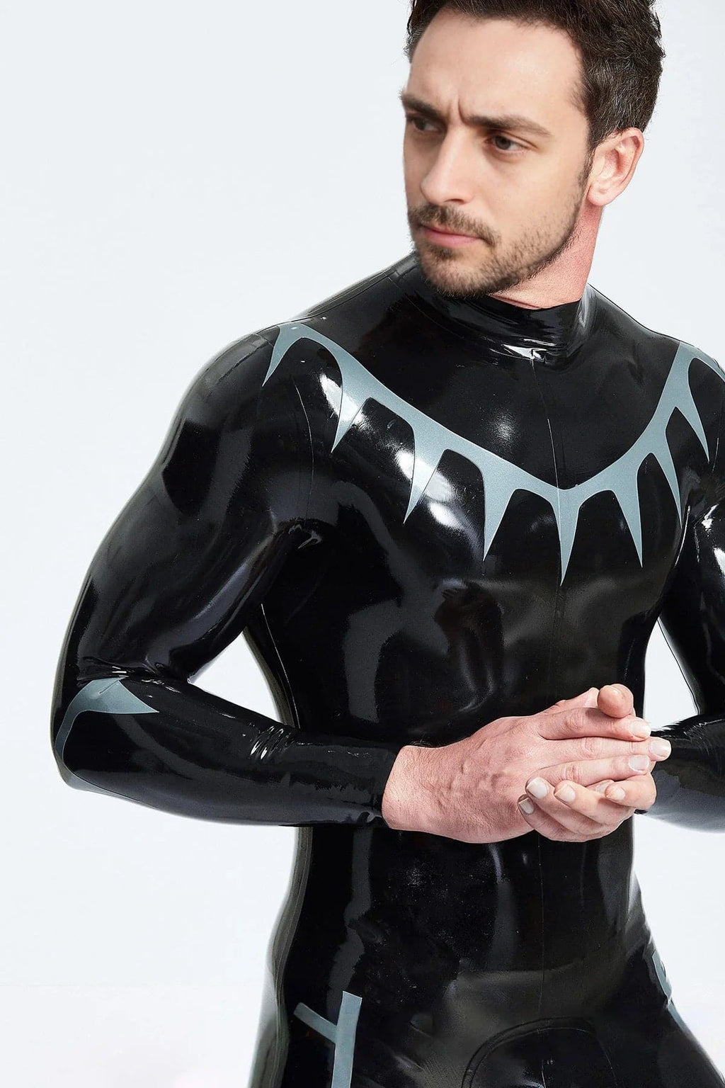Latex Men’s Catsuit with Shark Tooth Chest Pattern – Black and Metallic Silver