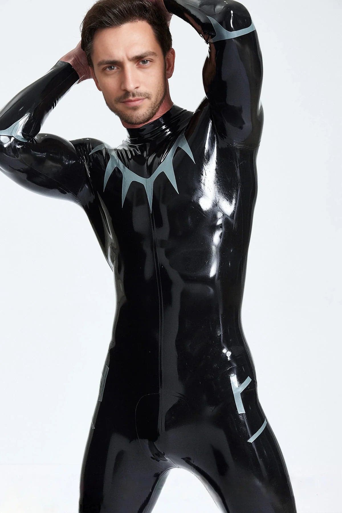 Latex Men’s Catsuit with Shark Tooth Chest Pattern – Black and Metallic Silver