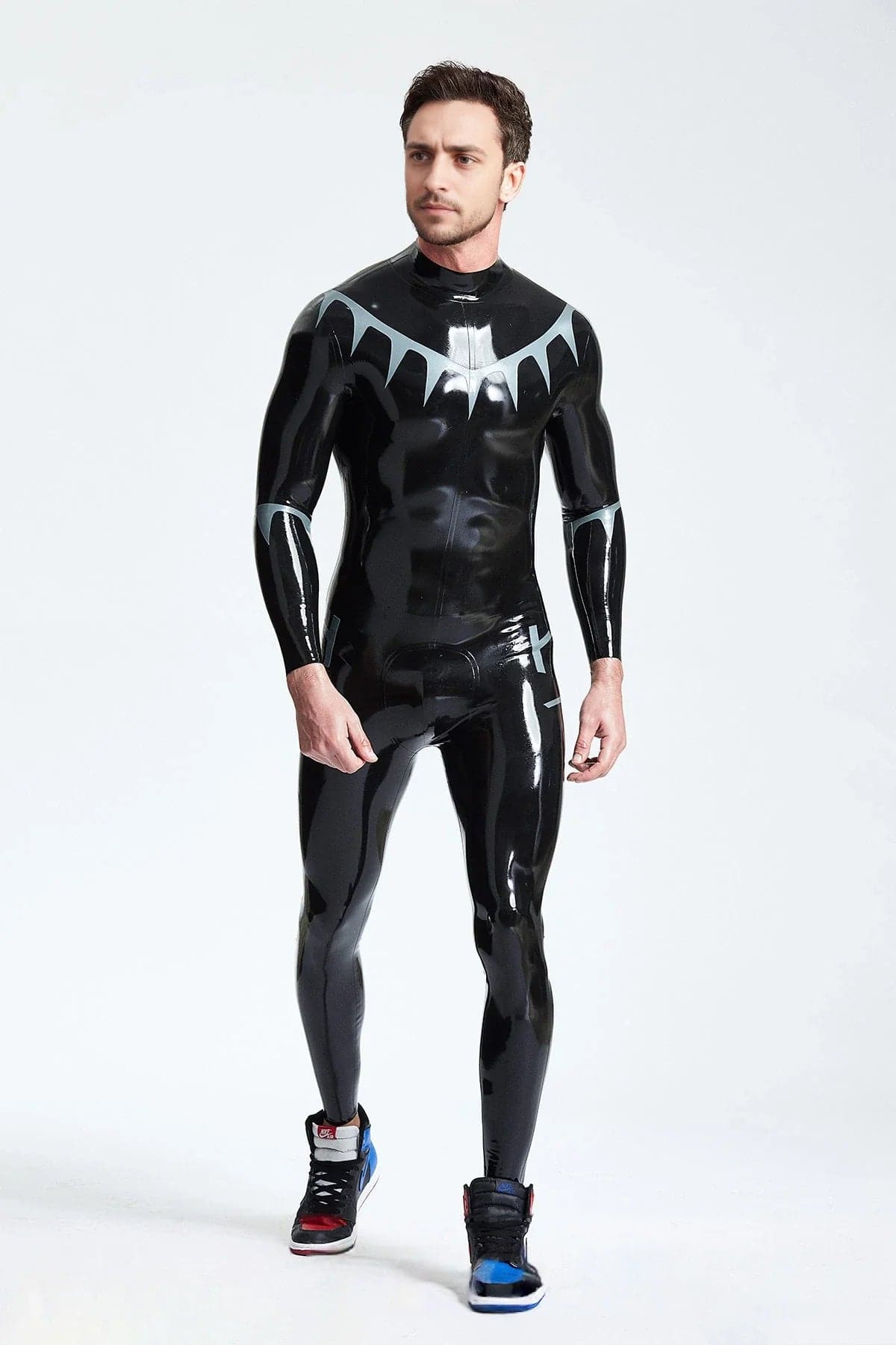 Latex Men’s Catsuit with Shark Tooth Chest Pattern – Black and Metallic Silver