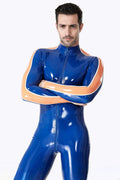 Latex Men’s Catsuit with Contrast Sleeve Panels and Three-Way Front Zip – Royal Blue, Orange and White