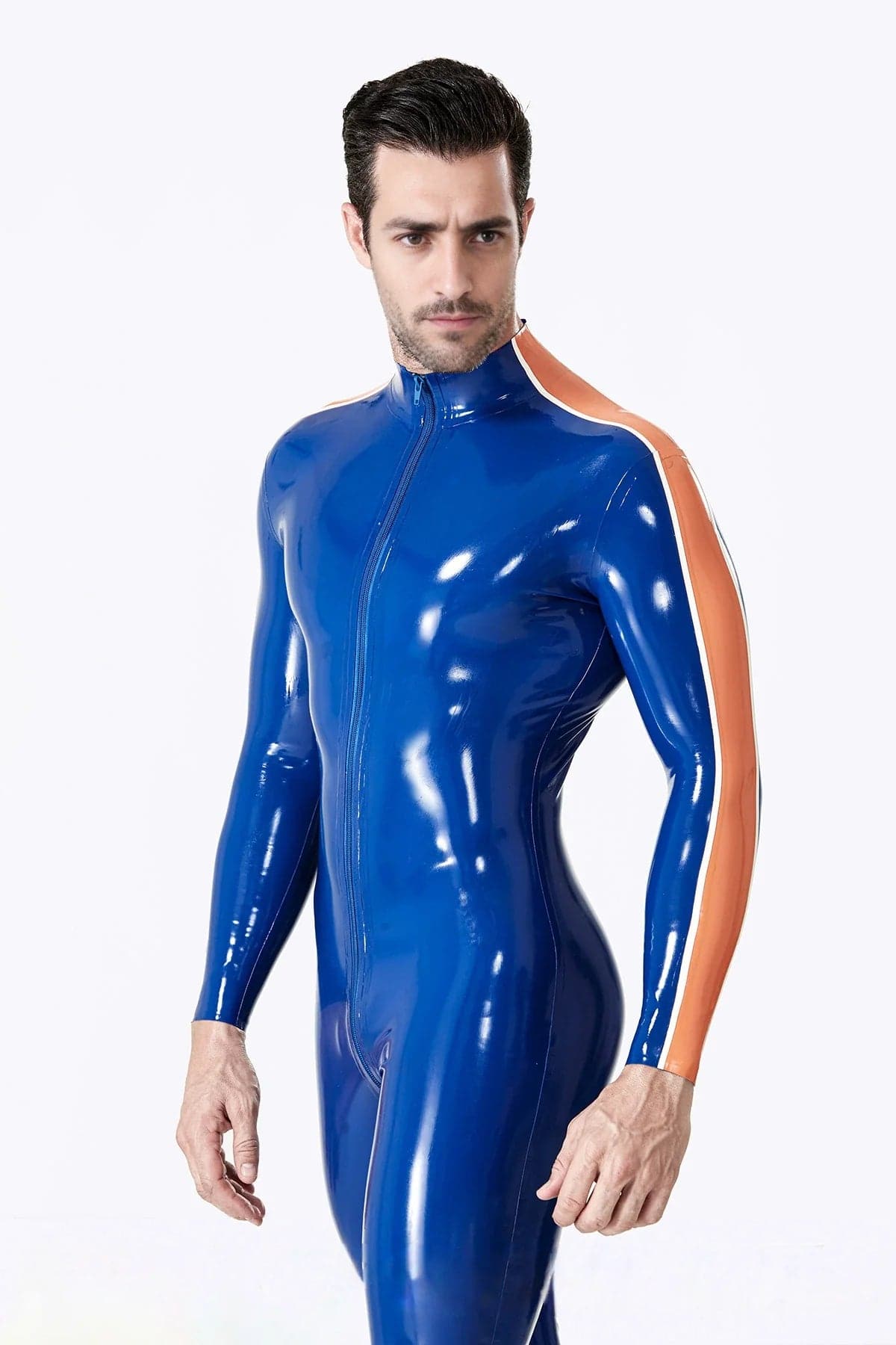 Latex Men’s Catsuit with Contrast Sleeve Panels and Three-Way Front Zip – Royal Blue, Orange and White