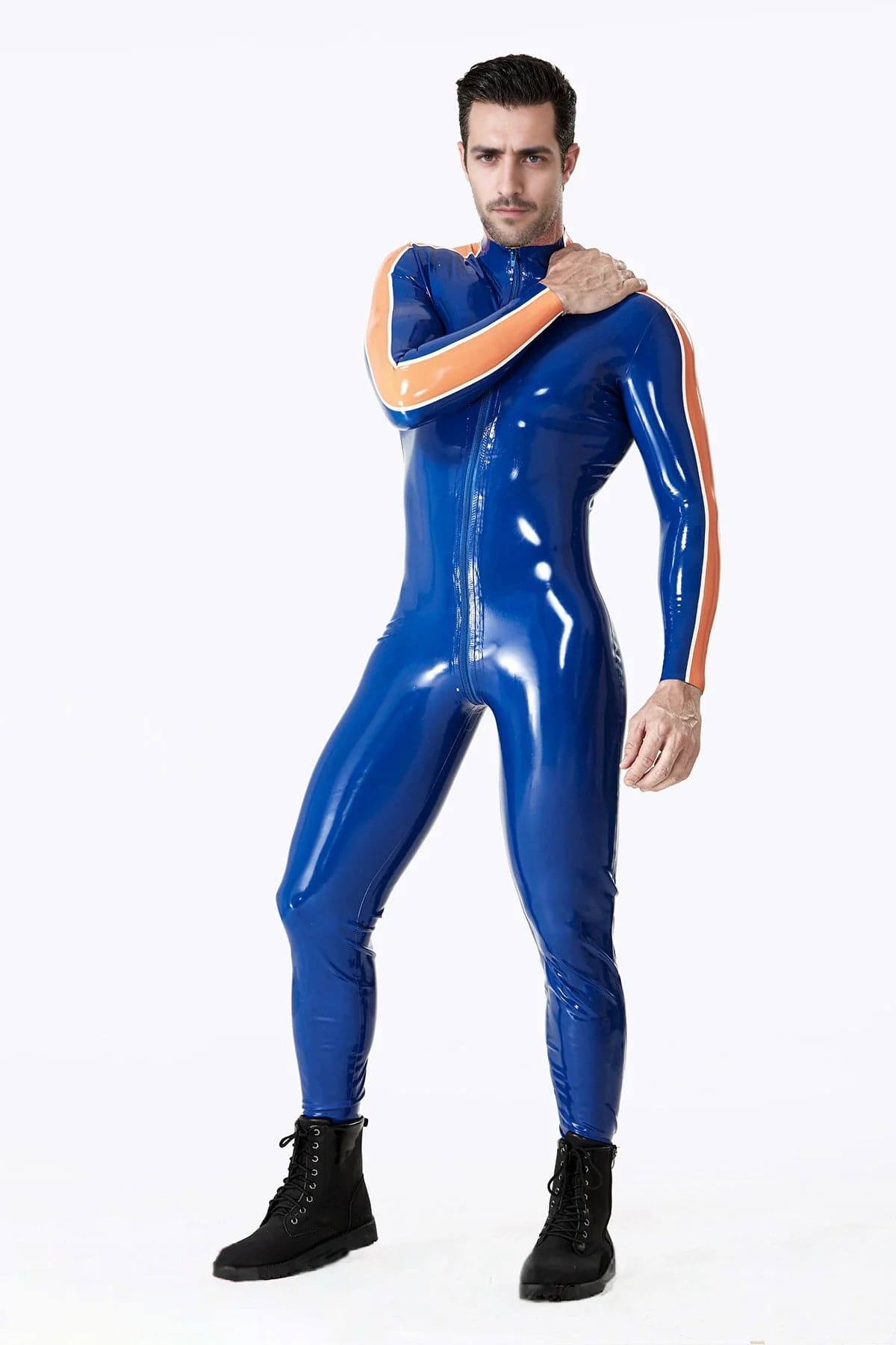 Latex Men’s Catsuit with Contrast Sleeve Panels and Three-Way Front Zip – Royal Blue, Orange and White