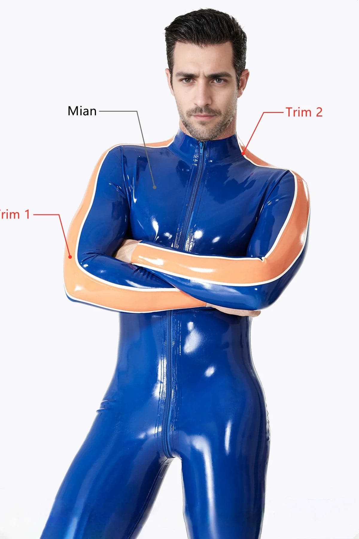 Latex Men’s Catsuit with Contrast Sleeve Panels and Three-Way Front Zip – Royal Blue, Orange and White