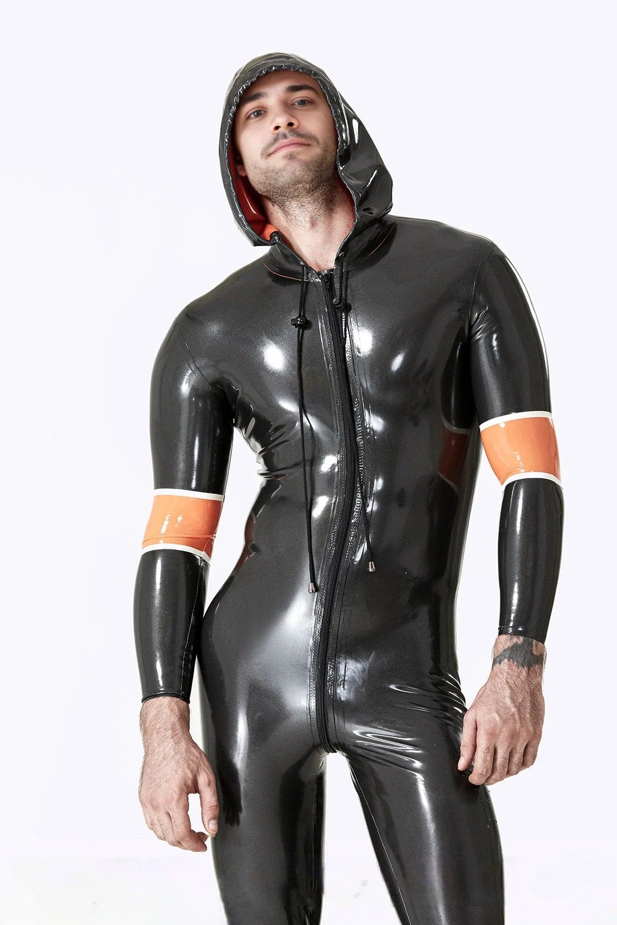 Latex Men’s Hooded Catsuit with Drawstring Hood and Arm Bands – Metallic Pewter, Orange and White