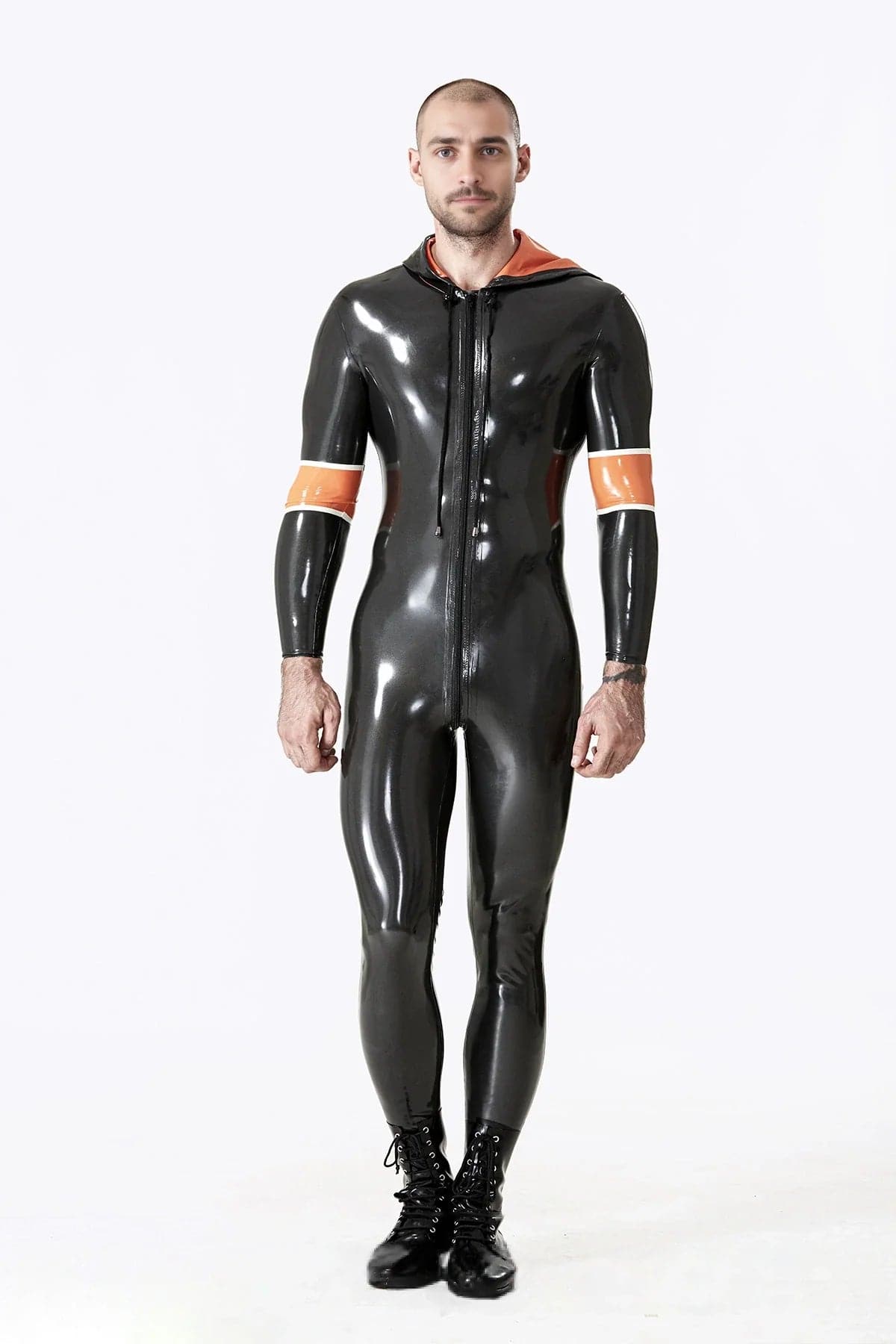 Latex Men’s Hooded Catsuit with Drawstring Hood and Arm Bands – Metallic Pewter, Orange and White