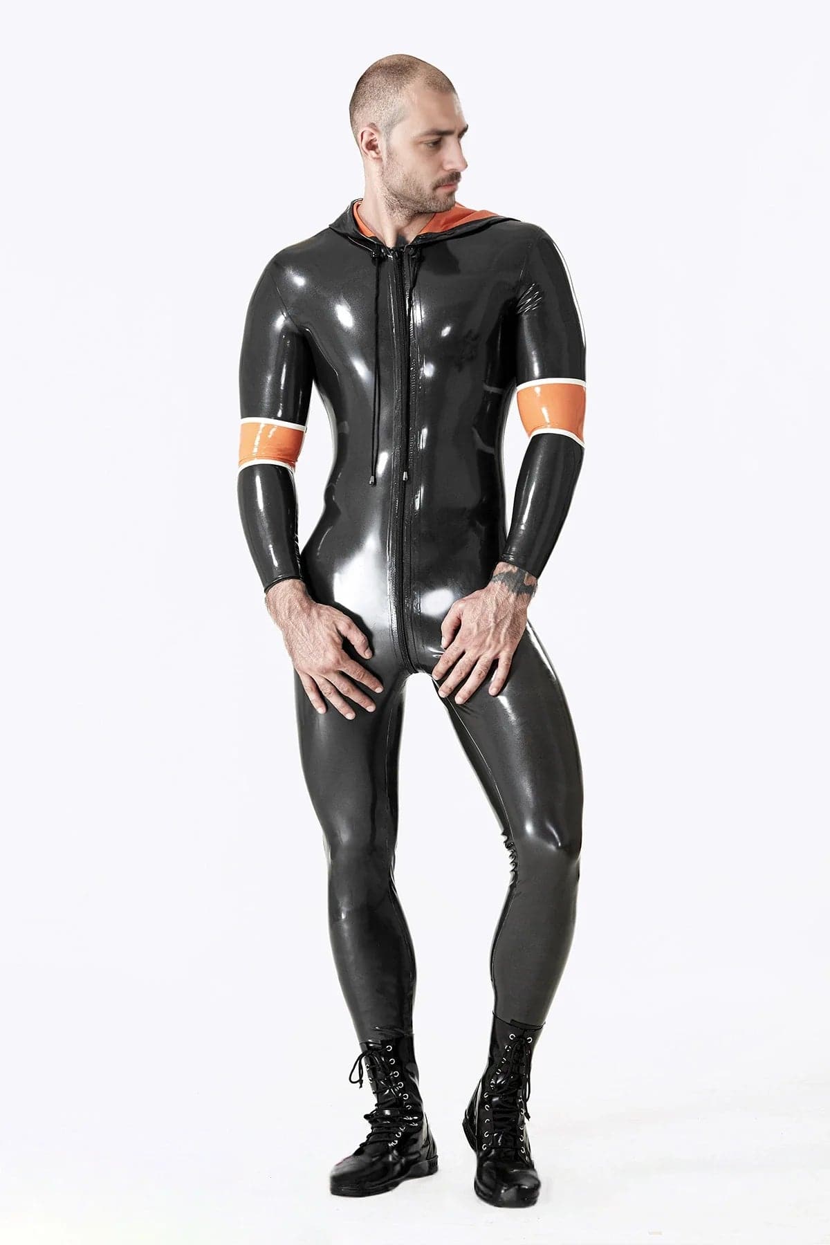 Latex Men’s Hooded Catsuit with Drawstring Hood and Arm Bands – Metallic Pewter, Orange and White