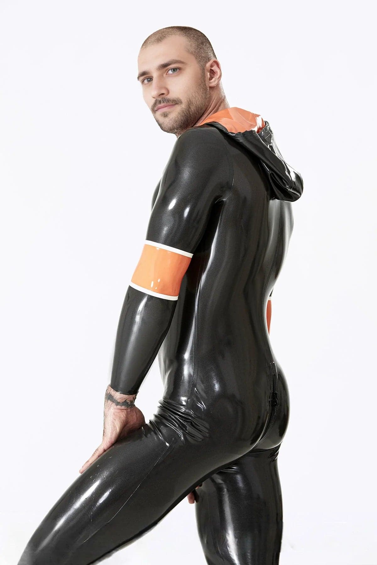 Latex Men’s Hooded Catsuit with Drawstring Hood and Arm Bands – Metallic Pewter, Orange and White