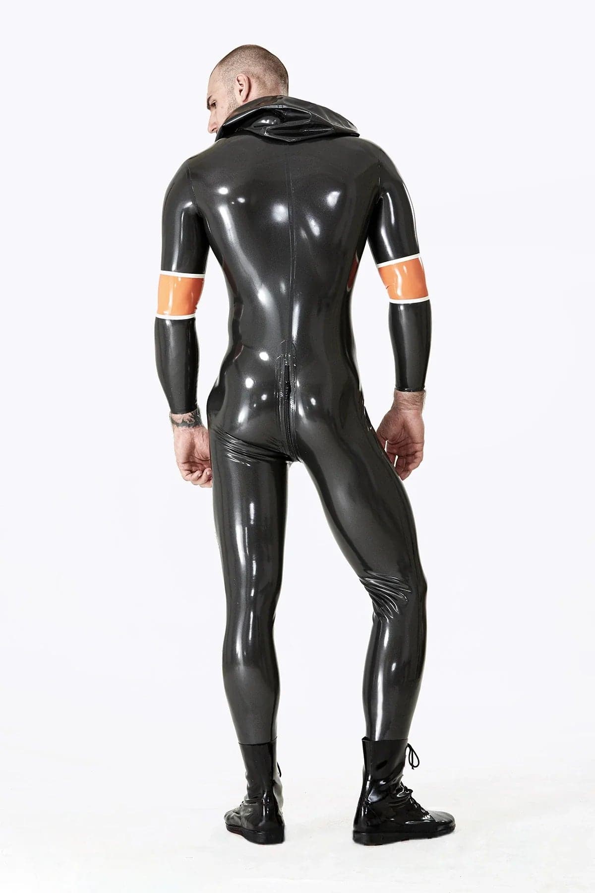 Latex Men’s Hooded Catsuit with Drawstring Hood and Arm Bands – Metallic Pewter, Orange and White