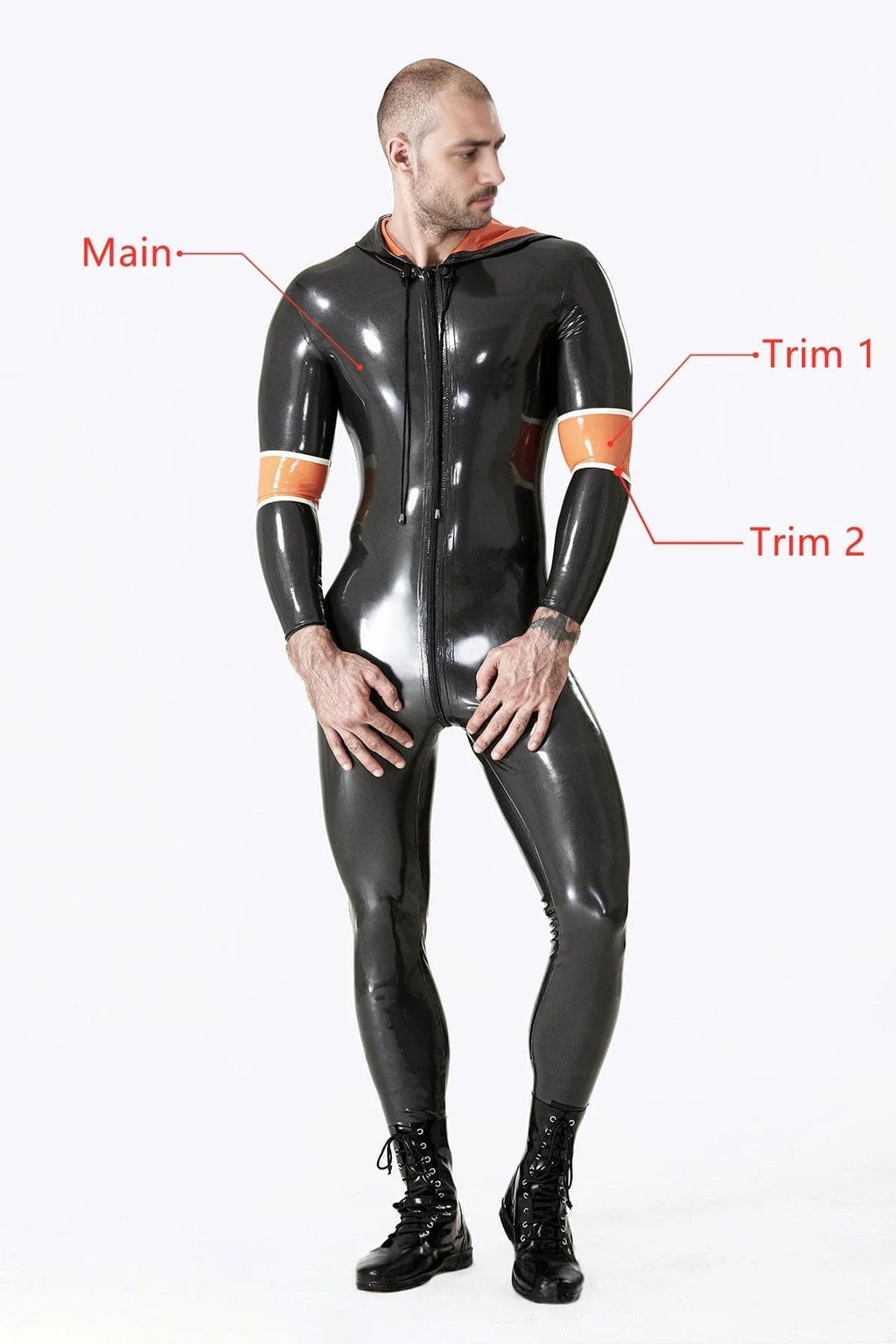 Latex Men’s Hooded Catsuit with Drawstring Hood and Arm Bands – Metallic Pewter, Orange and White