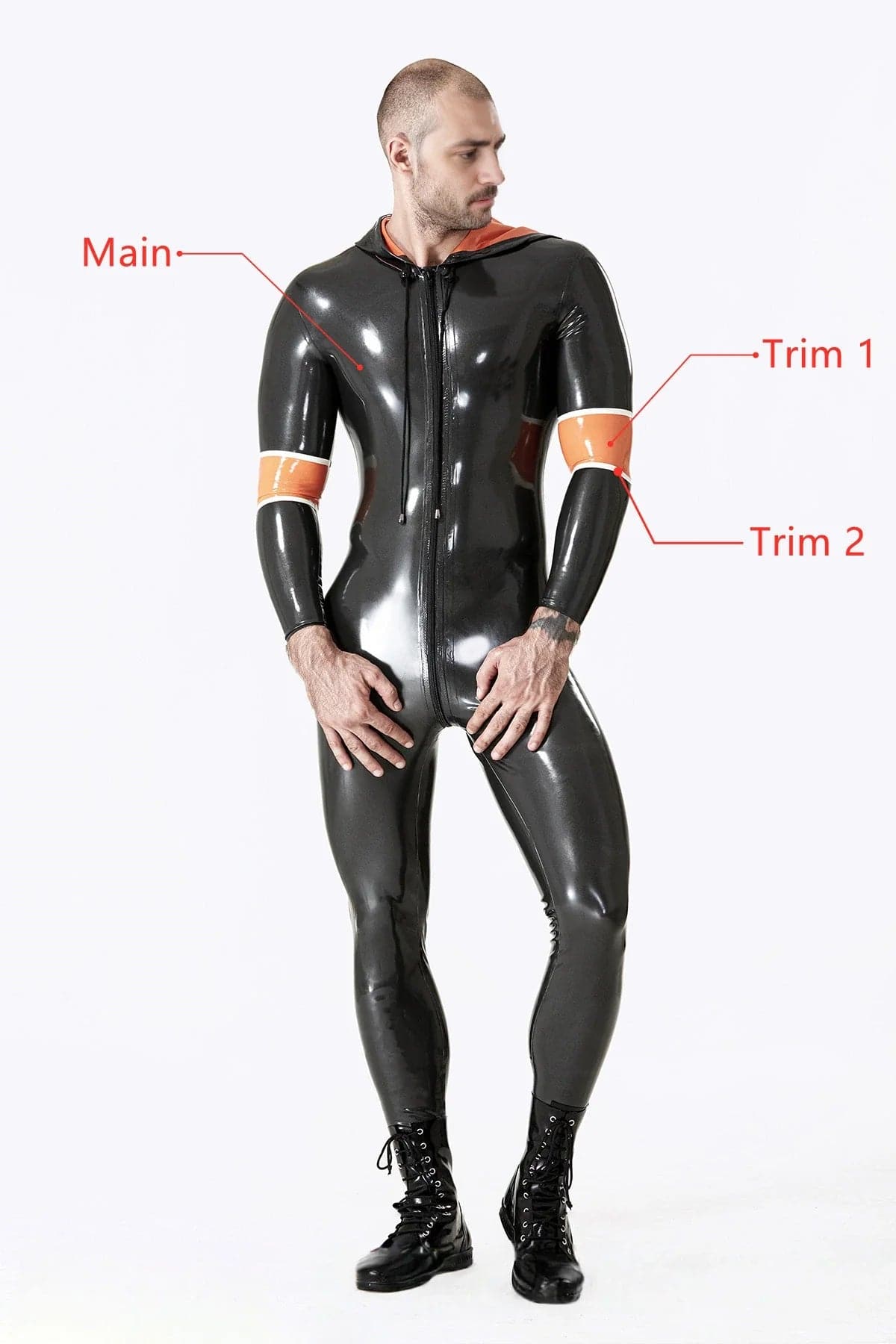 Latex Men’s Hooded Catsuit with Drawstring Hood and Arm Bands – Metallic Pewter, Orange and White
