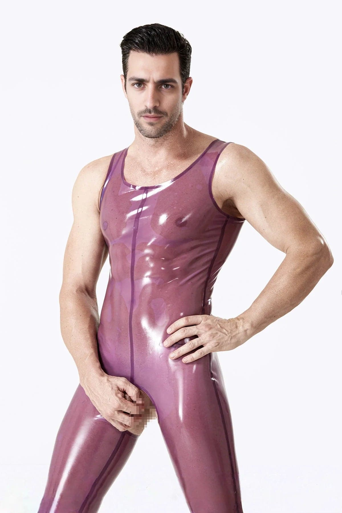 Latex Men’s Open-Bum Singlet Suit – Translucent Purple