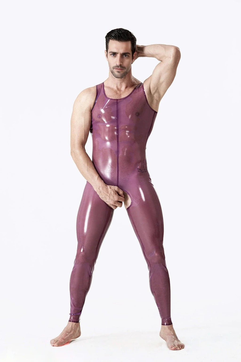Latex Men’s Open-Bum Singlet Suit – Translucent Purple