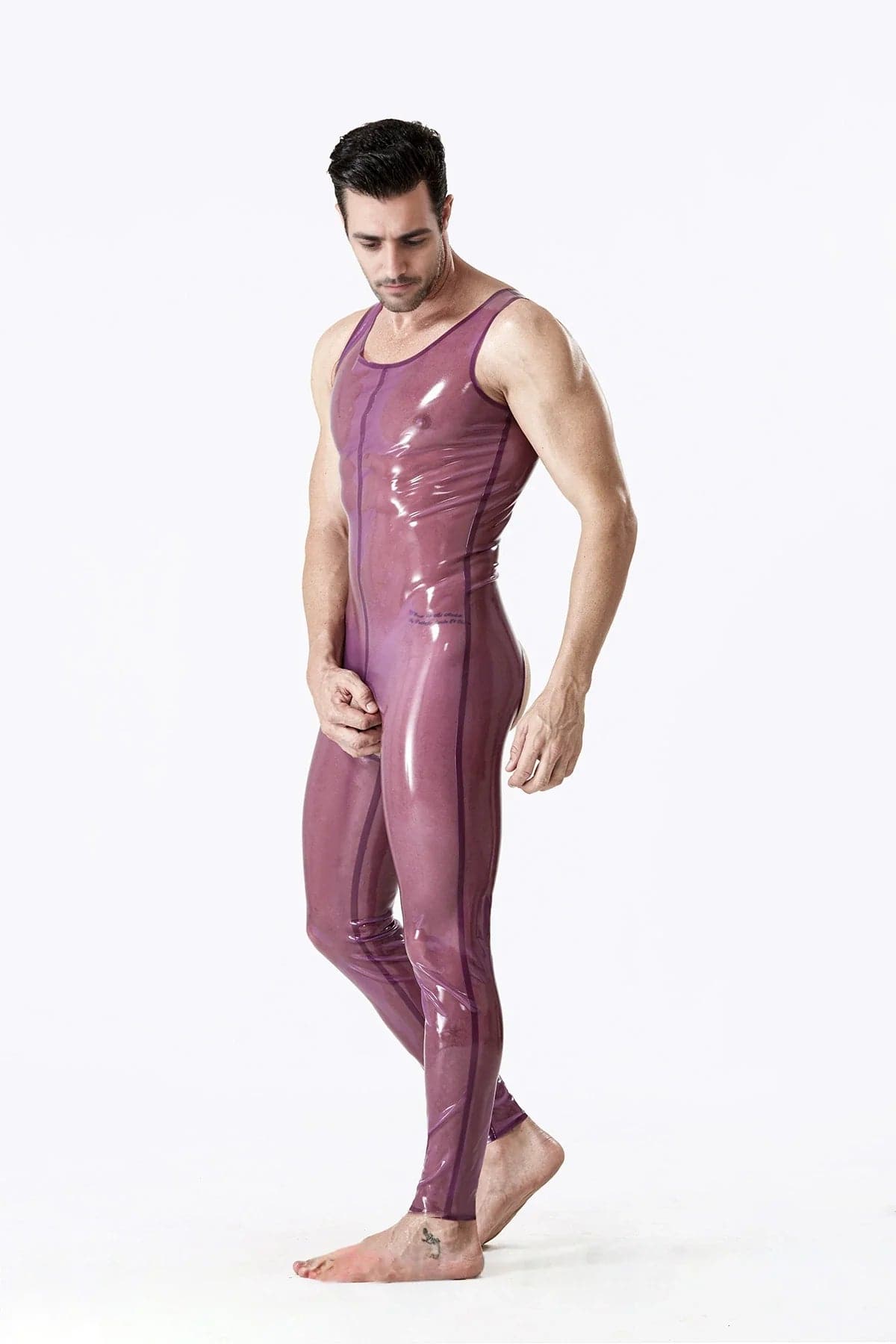Latex Men’s Open-Bum Singlet Suit – Translucent Purple