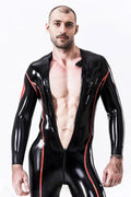 Latex Men’s Catsuit with Diamond Sleeve Detail and Highlight Stripes – Black and Red