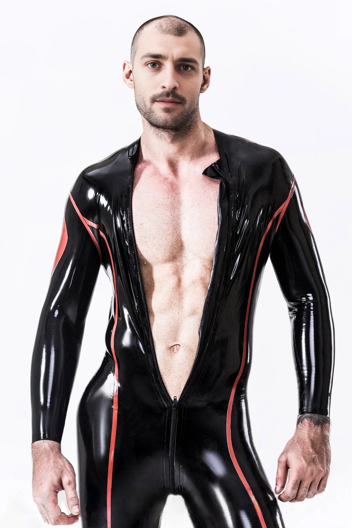 Latex Men’s Catsuit with Diamond Sleeve Detail and Highlight Stripes – Black and Red