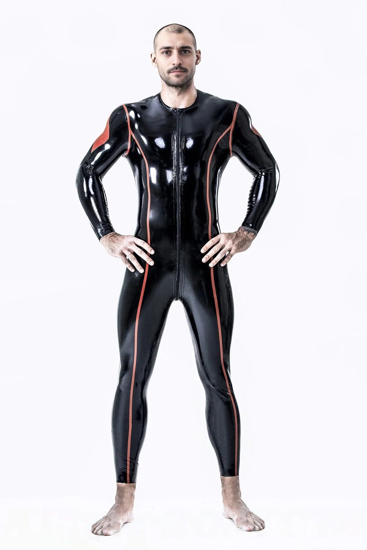Latex Men’s Catsuit with Diamond Sleeve Detail and Highlight Stripes – Black and Red