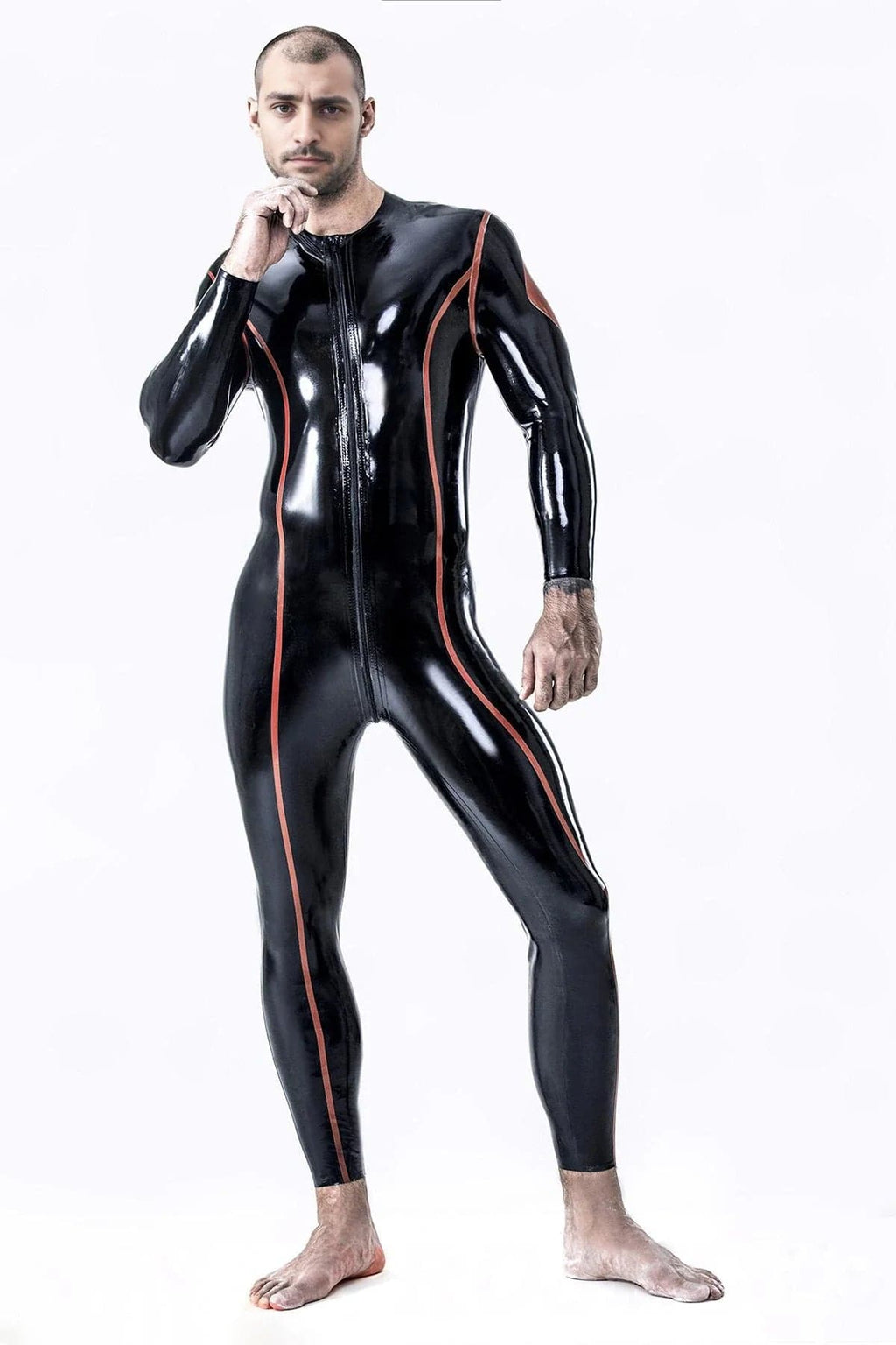 Latex Men’s Catsuit with Diamond Sleeve Detail and Highlight Stripes – Black and Red