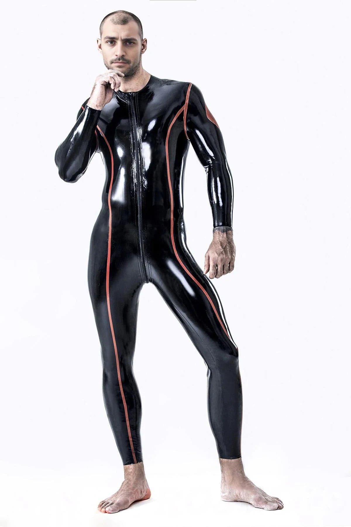 Latex Men’s Catsuit with Diamond Sleeve Detail and Highlight Stripes – Black and Red