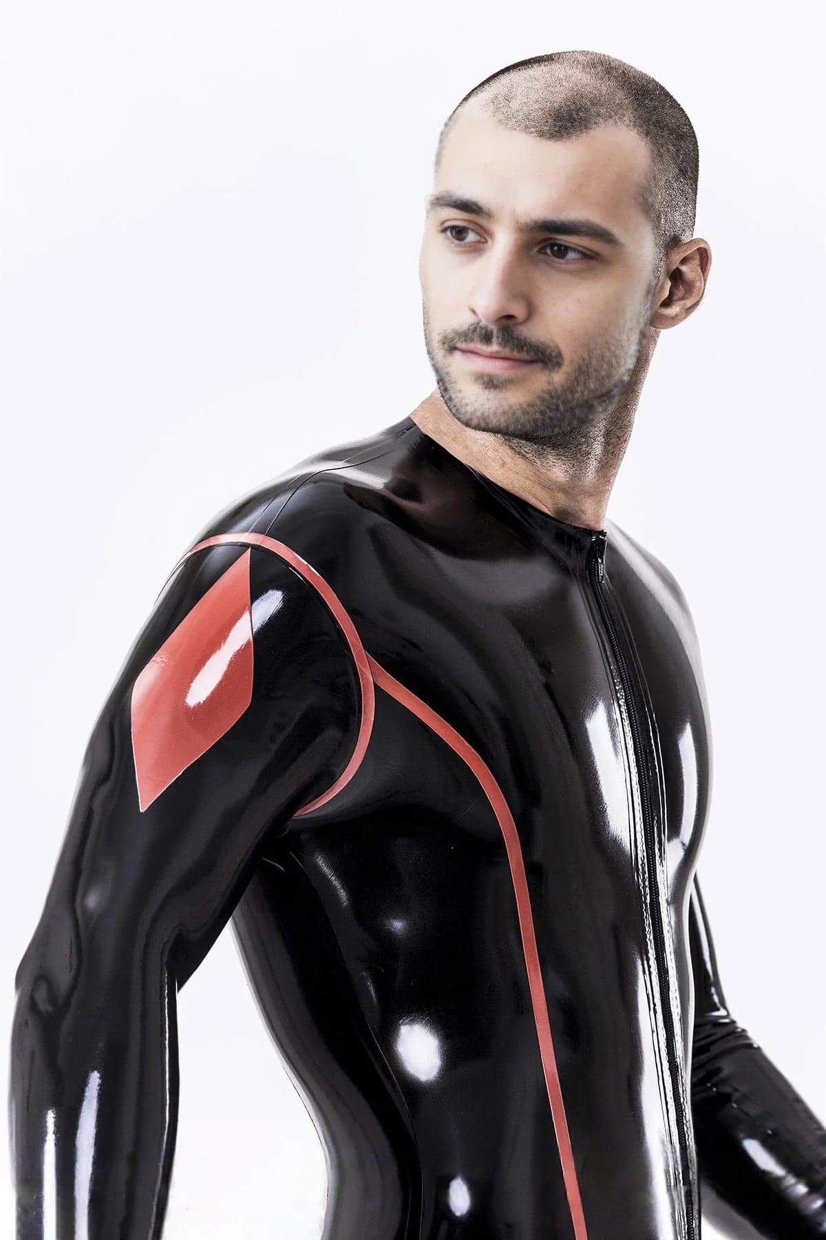 Latex Men’s Catsuit with Diamond Sleeve Detail and Highlight Stripes – Black and Red
