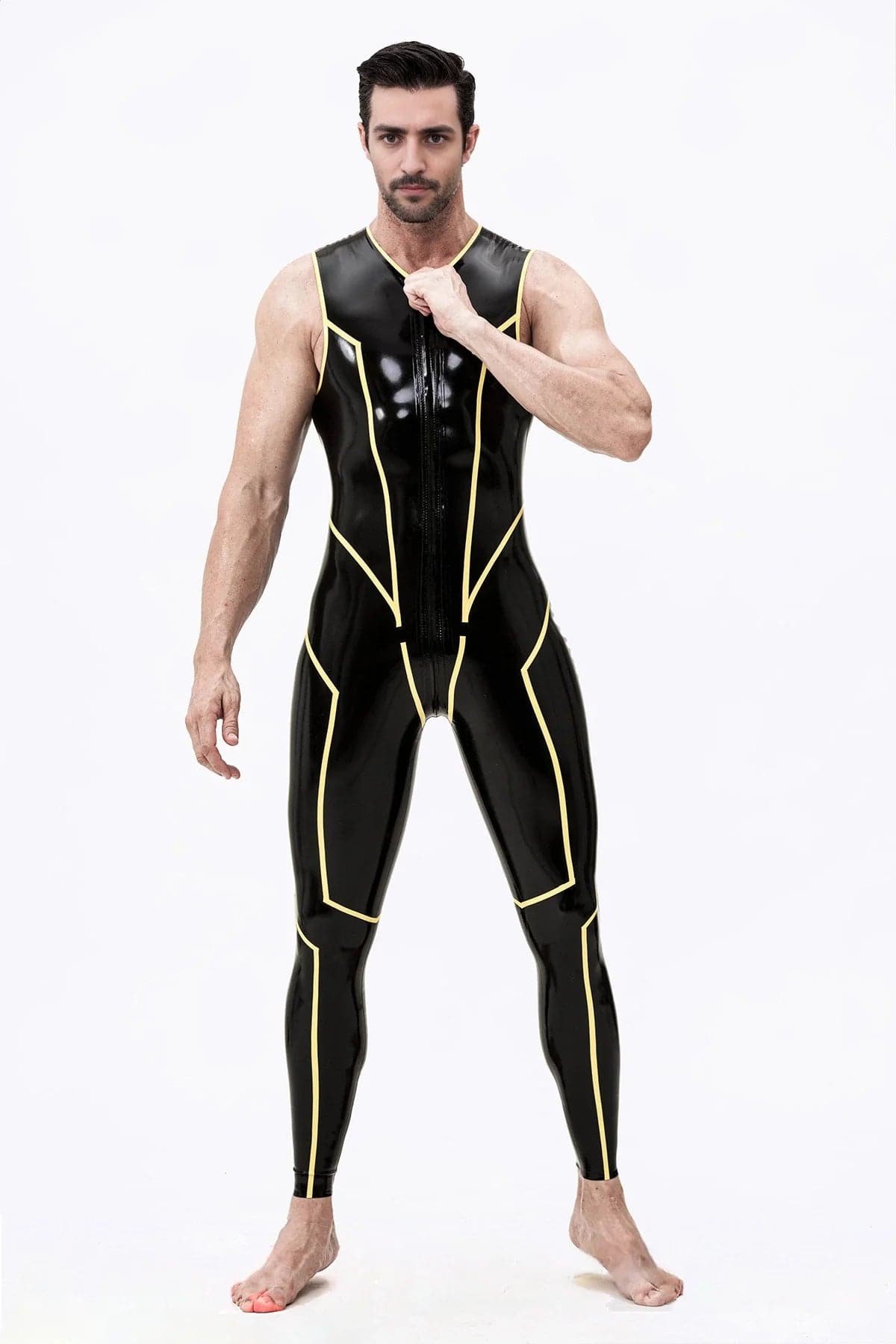 Latex Men’s Sleeveless Catsuit with Front-to-Back Zipper – Black and Yellow