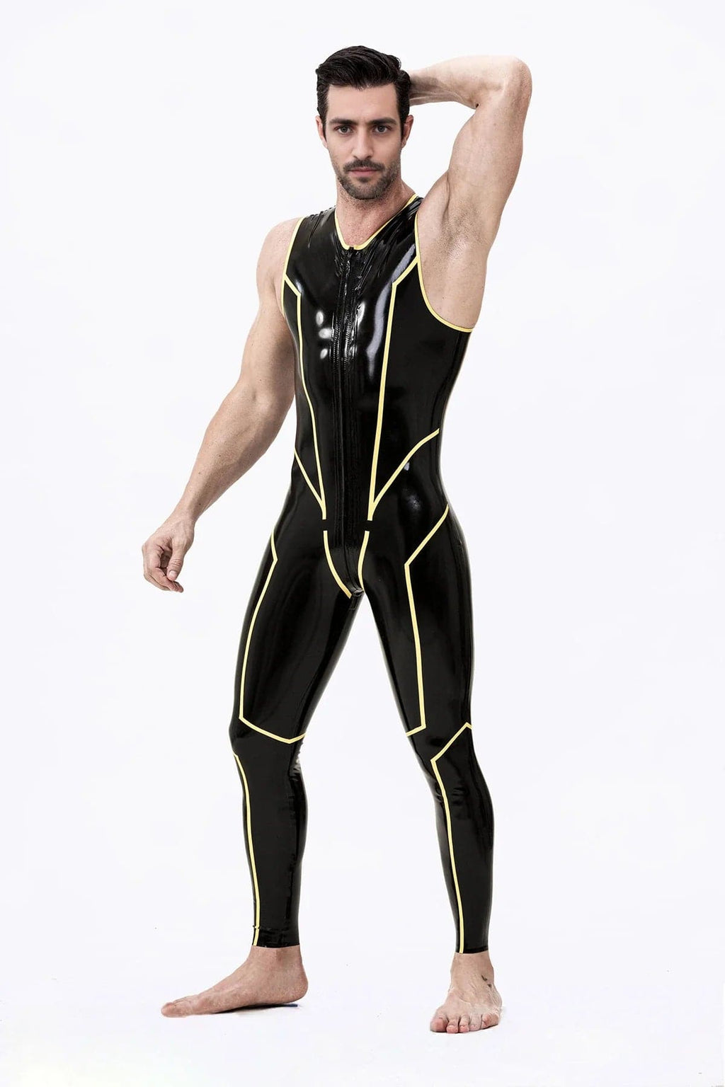Latex Men’s Sleeveless Catsuit with Front-to-Back Zipper – Black and Yellow