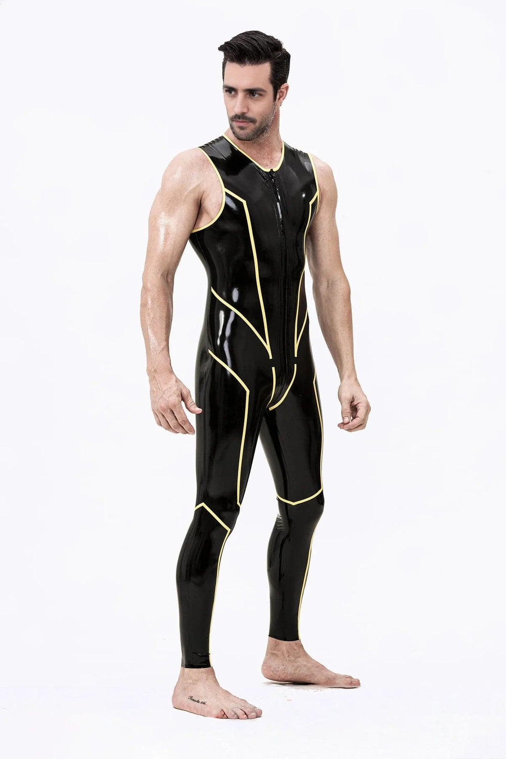 Latex Men’s Sleeveless Catsuit with Front-to-Back Zipper – Black and Yellow