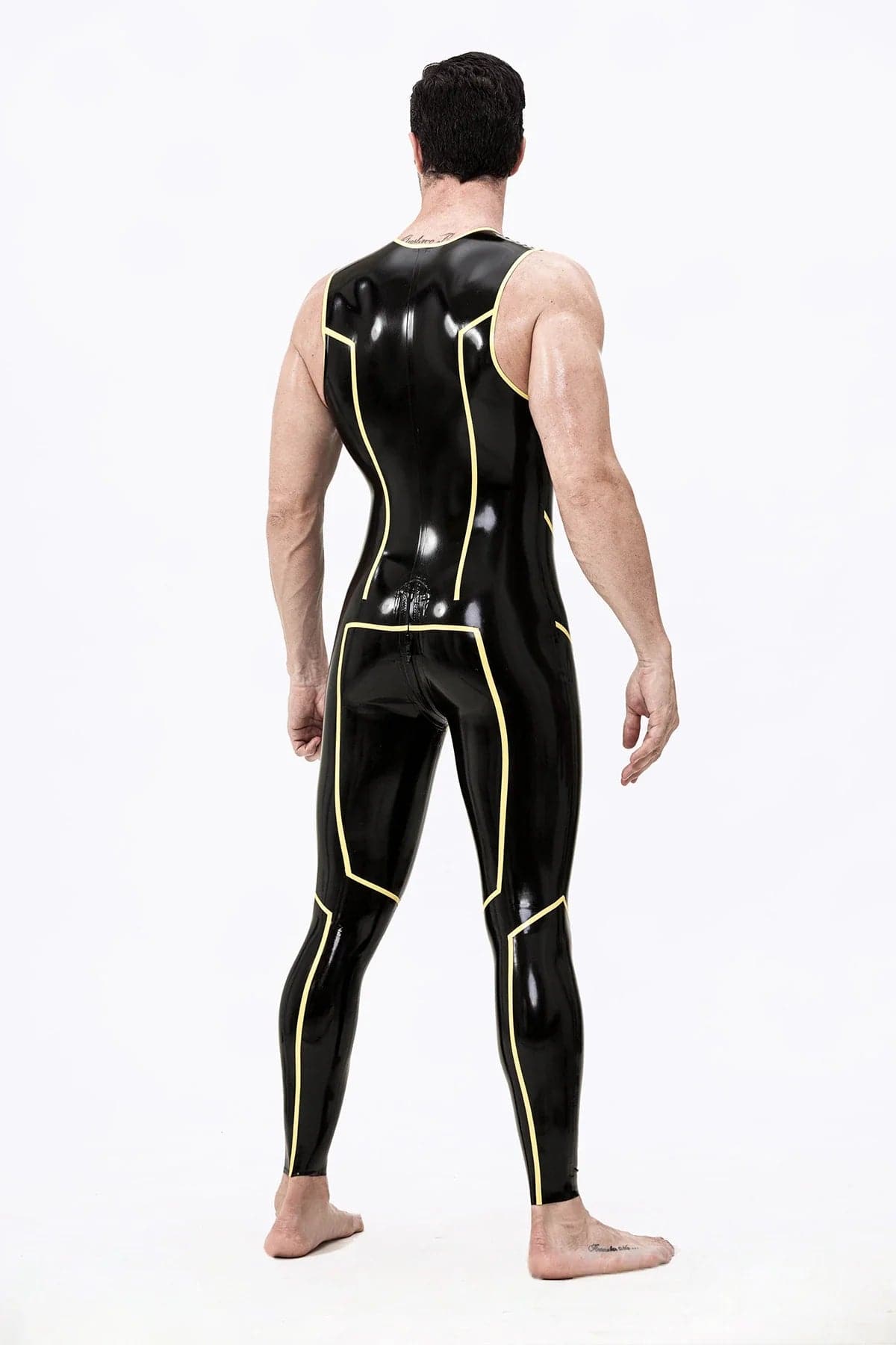 Latex Men’s Sleeveless Catsuit with Front-to-Back Zipper – Black and Yellow