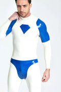 Latex Men’s Catsuit with Diamond Chest Motif and Contrast Panels – White and Middle Blue