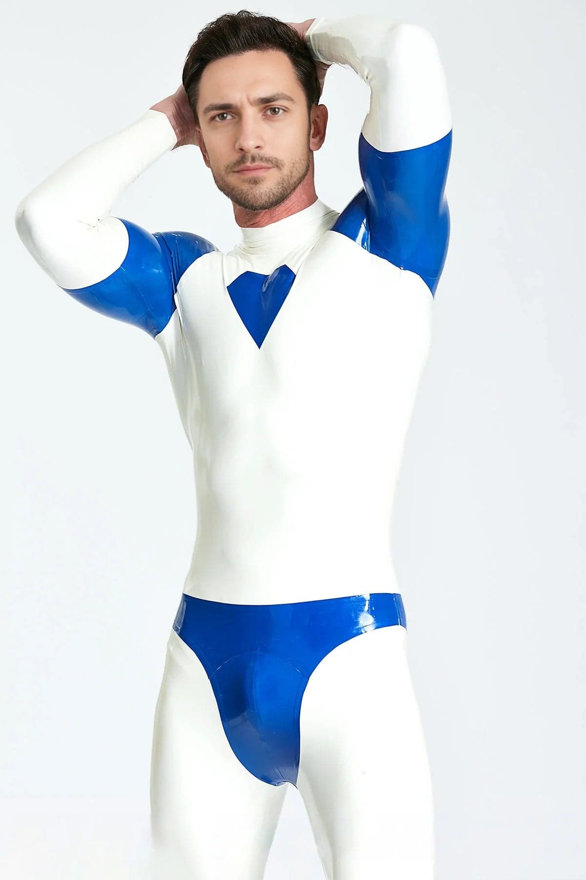 Latex Men’s Catsuit with Diamond Chest Motif and Contrast Panels – White and Middle Blue