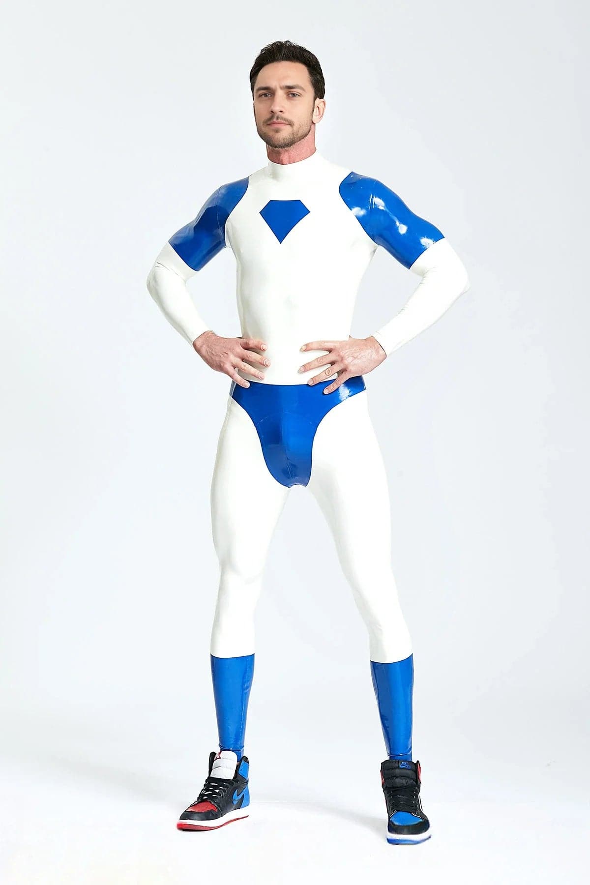 Latex Men’s Catsuit with Diamond Chest Motif and Contrast Panels – White and Middle Blue