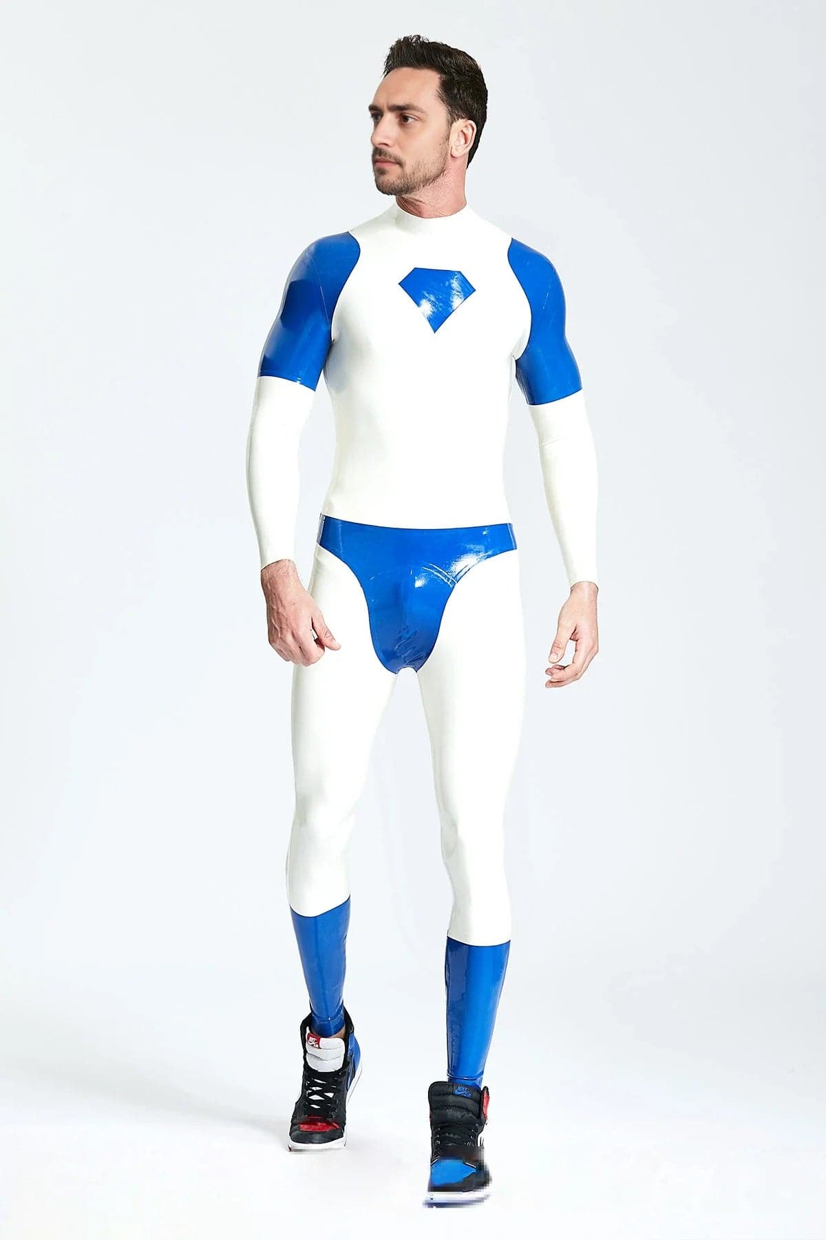 Latex Men’s Catsuit with Diamond Chest Motif and Contrast Panels – White and Middle Blue