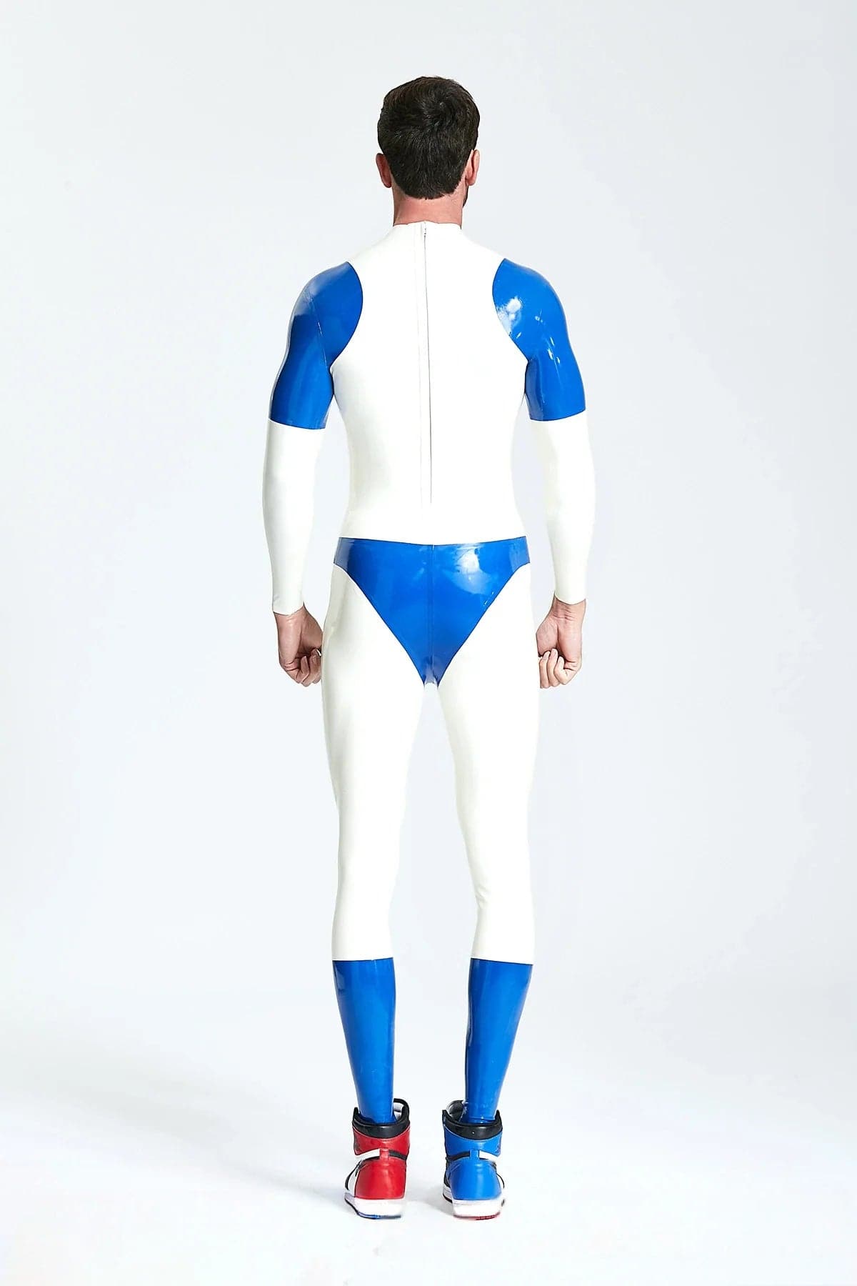 Latex Men’s Catsuit with Diamond Chest Motif and Contrast Panels – White and Middle Blue