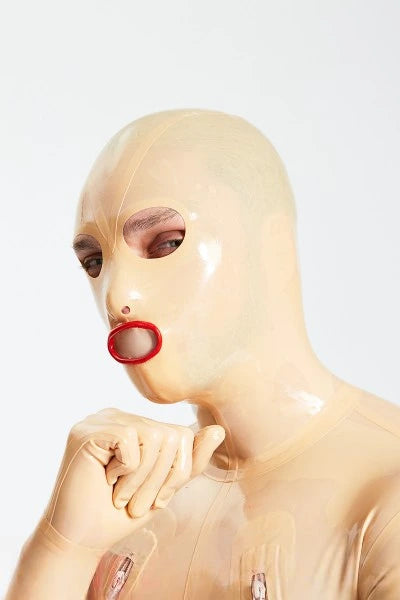 Latex Men’s Total Enclosure Gimp Suit with Sheaths and Nipple Zippers – Mannequin and Red