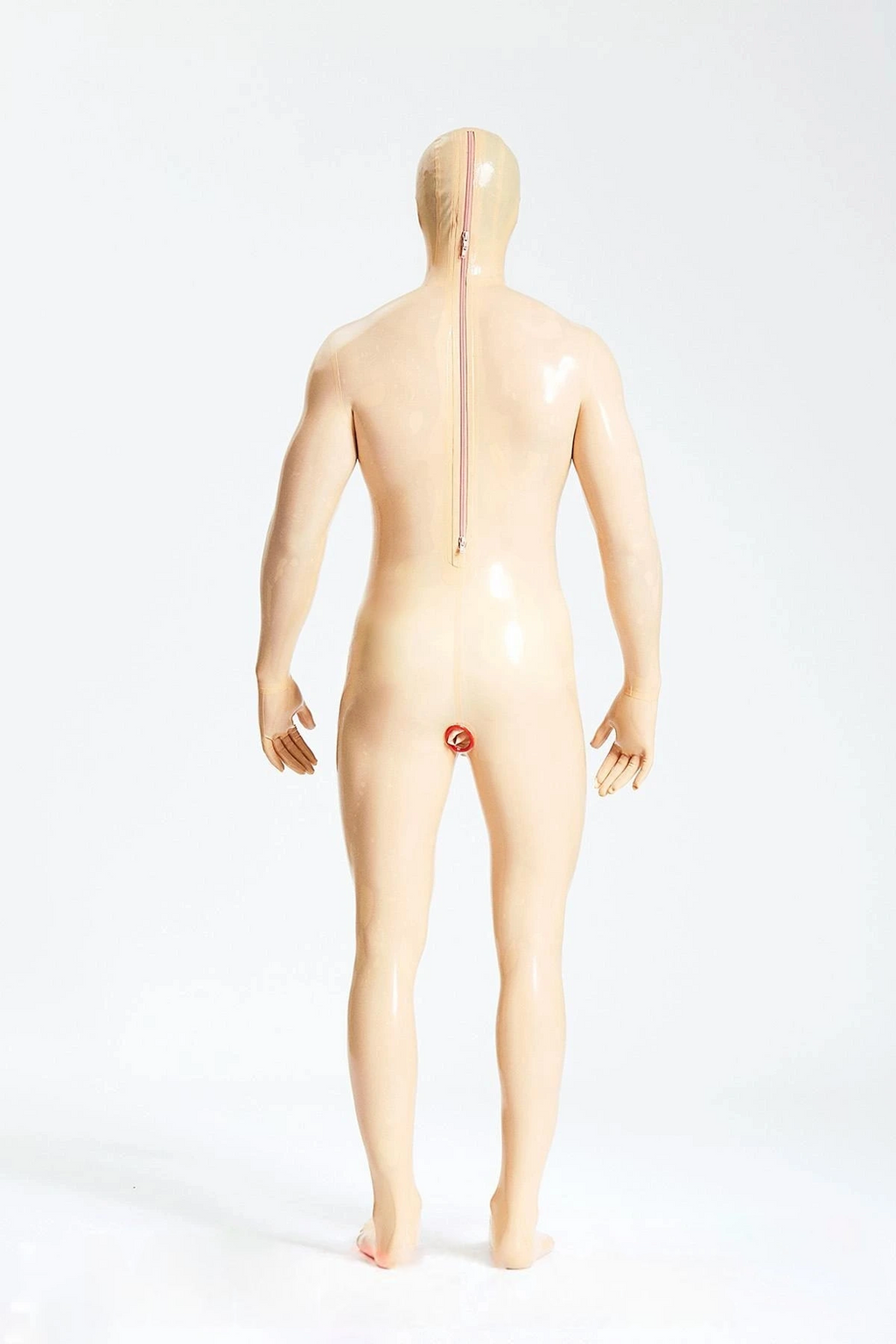 Latex Men’s Total Enclosure Gimp Suit with Sheaths and Nipple Zippers – Mannequin and Red
