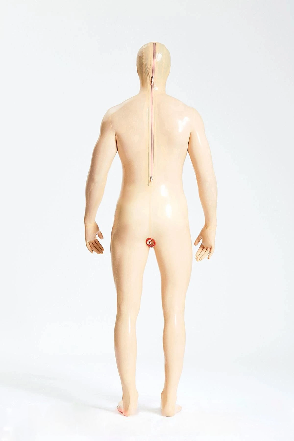 Latex Men’s Total Enclosure Gimp Suit with Sheaths and Nipple Zippers – Mannequin and Red