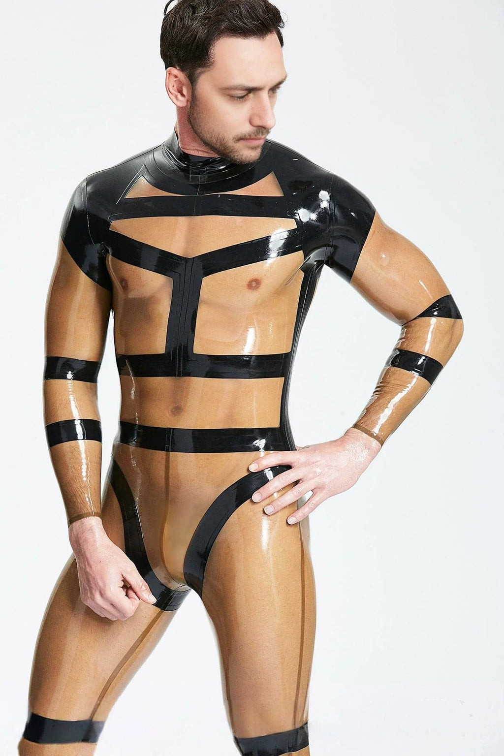 Latex Men’s Translucent Catsuit with Harness Strap Overlay – Translucent Grey and Black