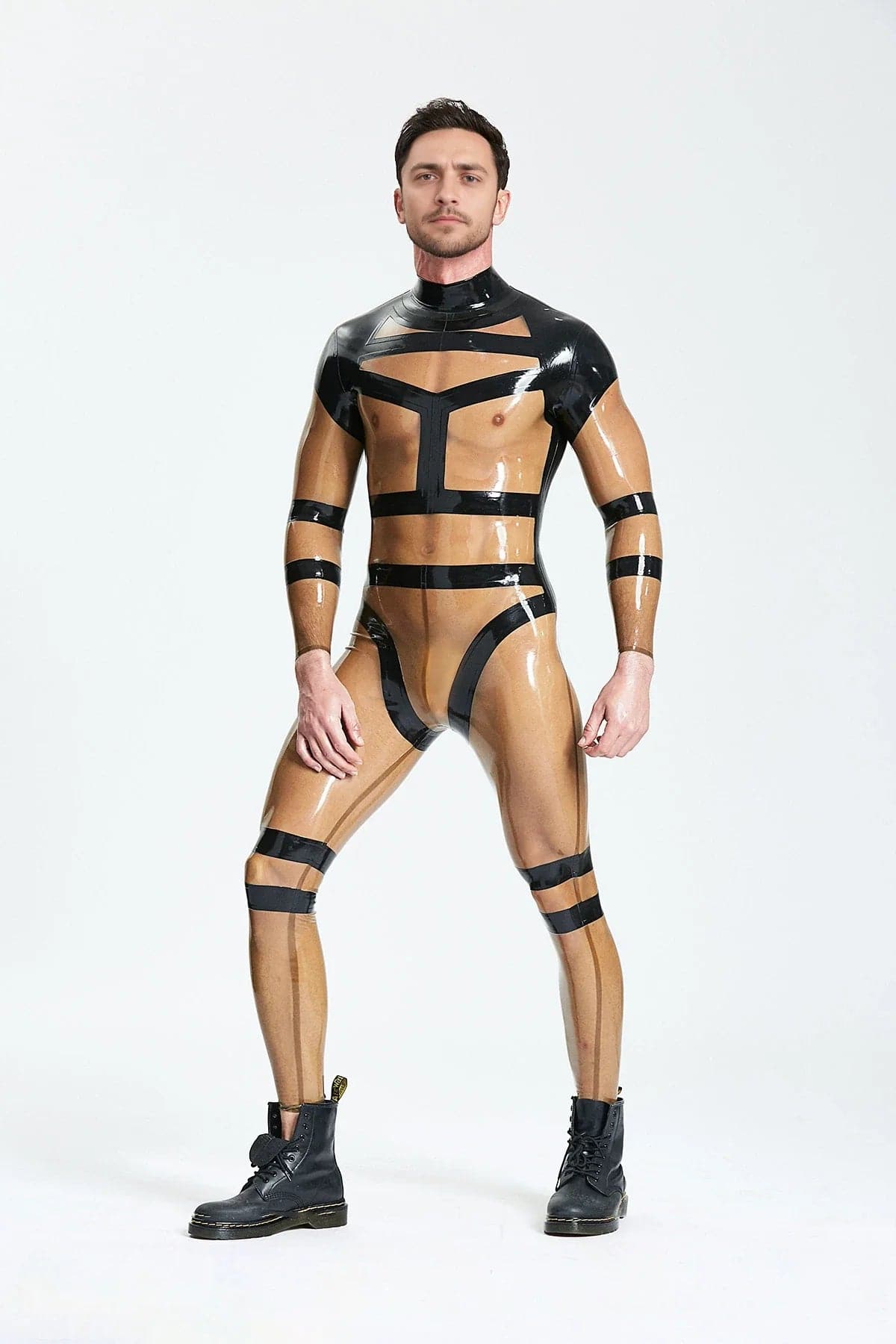 Latex Men’s Translucent Catsuit with Harness Strap Overlay – Translucent Grey and Black