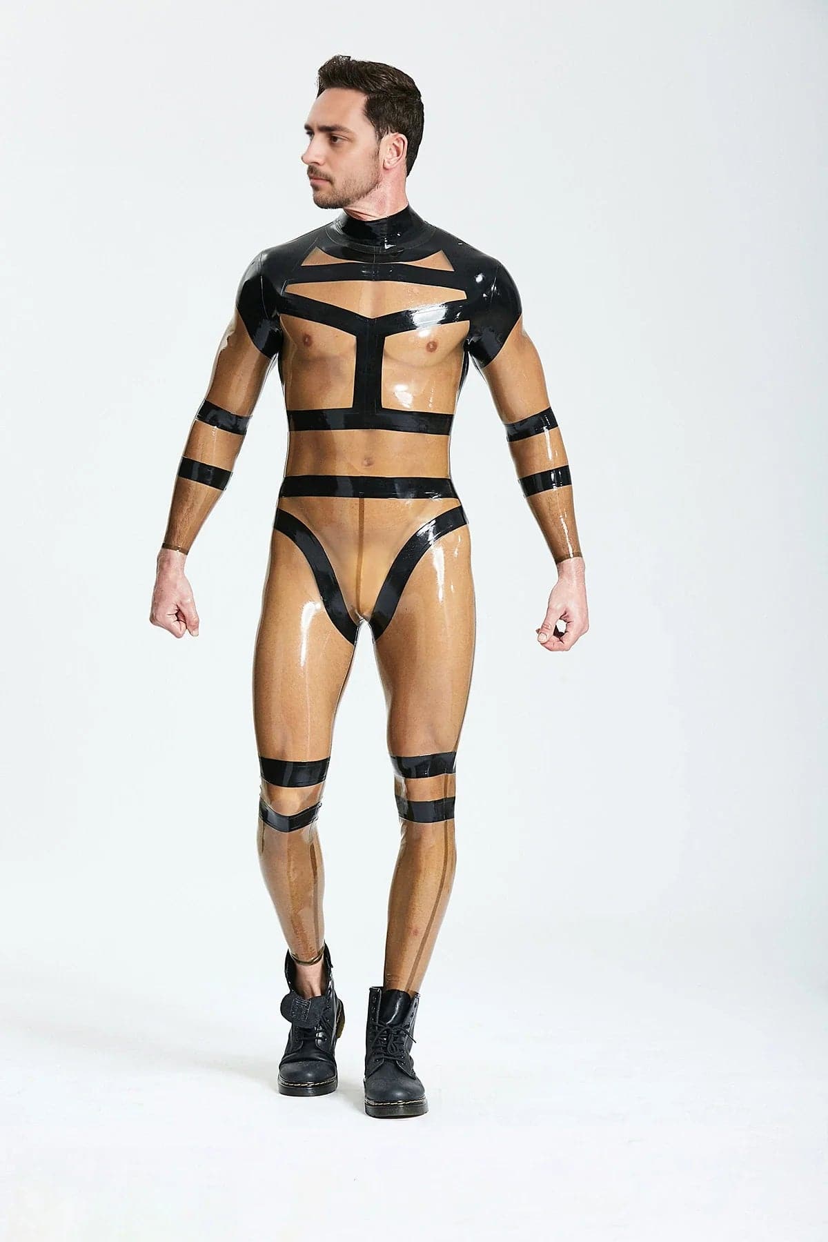 Latex Men’s Translucent Catsuit with Harness Strap Overlay – Translucent Grey and Black