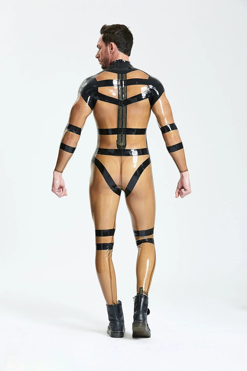 Latex Men’s Translucent Catsuit with Harness Strap Overlay – Translucent Grey and Black
