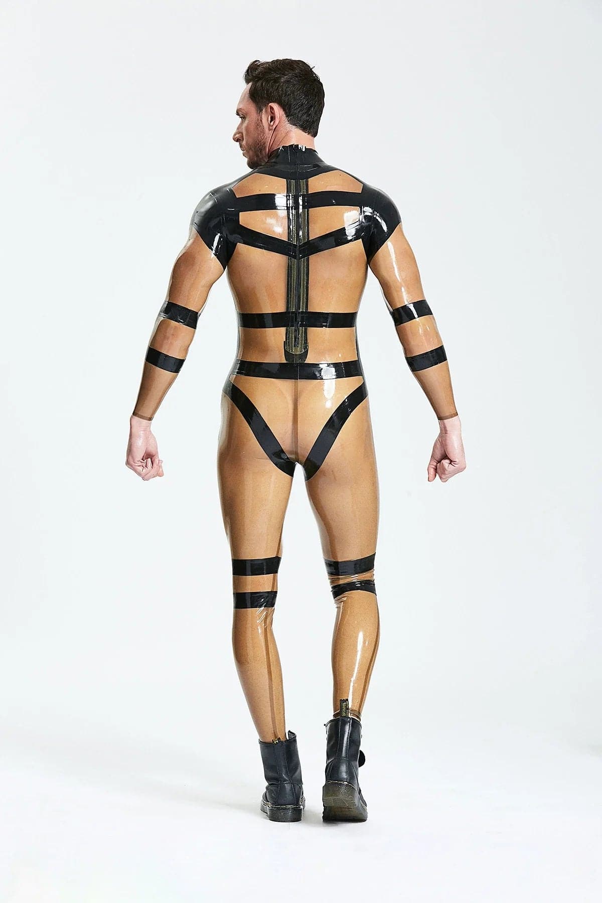 Latex Men’s Translucent Catsuit with Harness Strap Overlay – Translucent Grey and Black