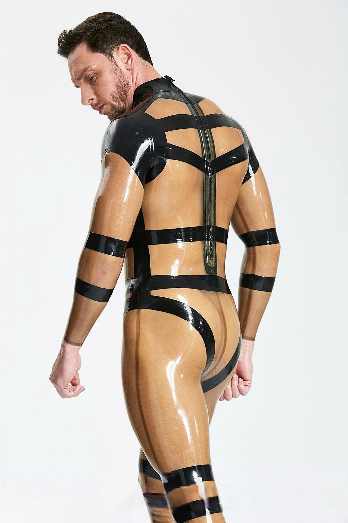 Latex Men’s Translucent Catsuit with Harness Strap Overlay – Translucent Grey and Black