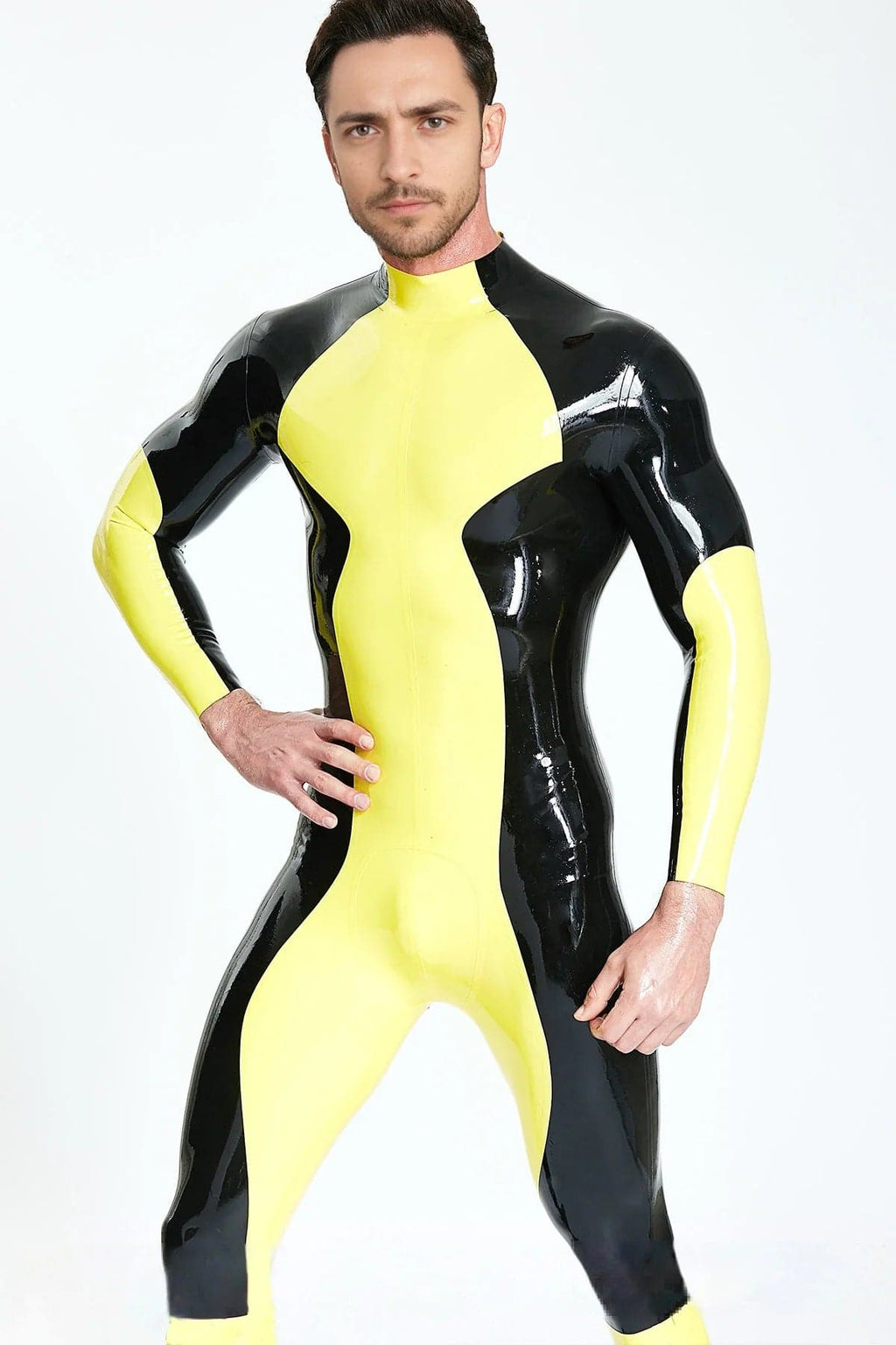 Latex Men’s Catsuit with Zig-Zag Two-Colour Panelling – Yellow and Black