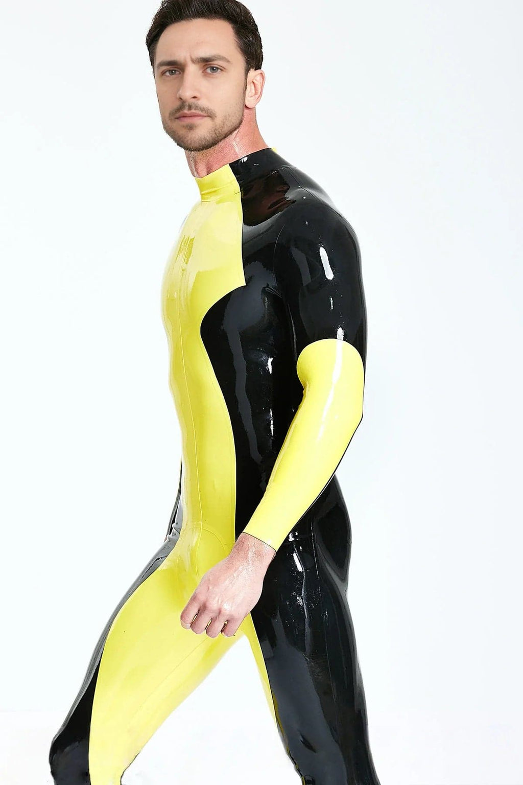 Latex Men’s Catsuit with Zig-Zag Two-Colour Panelling – Yellow and Black